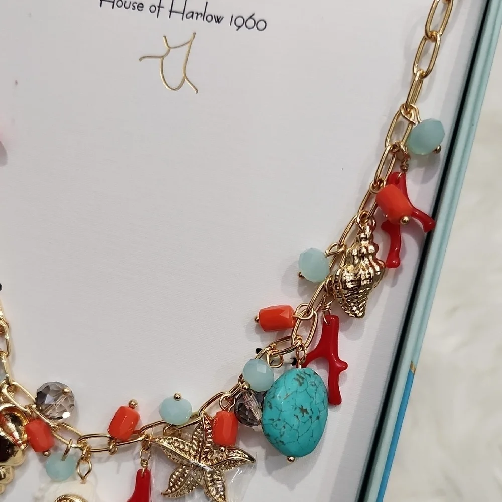 🪸▪️House of Harlow▪️ 1960 Gold and Coral Natural Shell 17in Charm  Necklace